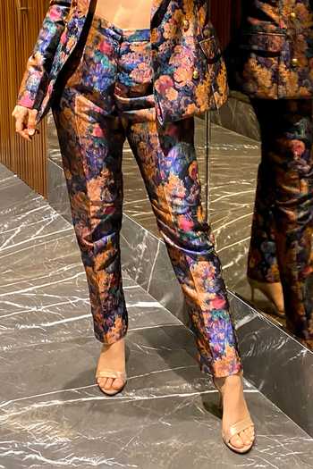 Shop_Ranbir Mukherjee Calcutta_Multi Color Brocade Woven Floral Blazer Shawl Collar Pant Set _Online_at_Aza_Fashions