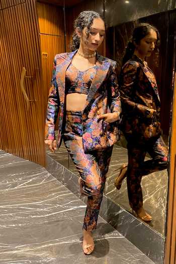 Ranbir Mukherjee Calcutta_Multi Color Brocade Woven Floral Blazer Shawl Collar Pant Set _at_Aza_Fashions