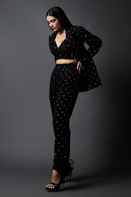 Ranbir Mukherjee Calcutta Black Cotton Silk Embroidery Badla Blazer Shawl Collar Placement Pant Set Online at Aza Fashions Ranbir Mukherjee Calcutta_Black Cotton Silk Embroidery Badla Blazer Shawl Collar Placement Pant Set _Online_at_Aza_Fashions