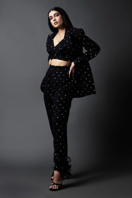 Buy_Ranbir Mukherjee Calcutta_Black Cotton Silk Embroidery Badla Blazer Shawl Collar Placement Pant Set _Online_at_Aza_Fashions