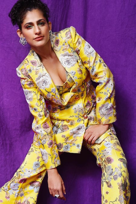 Shop Ranbir Mukherjee Calcutta Yellow Silk Woven Floral Blazer Notched Collar Pant Set Online at Aza Fashions Shop_Ranbir Mukherjee Calcutta_Yellow Silk Woven Floral Blazer Notched Collar Pant Set _Online_at_Aza_Fashions