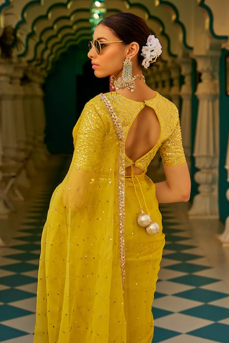 Ranbir Mukherjee Calcutta_Yellow Organza Gota Patti V-neck Badla Work Saree With Blouse _Online_at_Aza_Fashions