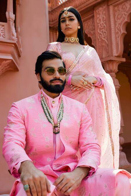 Shop Ranbir Mukherjee Calcutta Pink Organza Embroidery Sweetheart Neck Badla Placement Saree With Blouse Online at Aza Fashions Shop_Ranbir Mukherjee Calcutta_Pink Organza Embroidery Sweetheart Neck Badla Placement Saree With Blouse _Online_at_Aza_Fashions