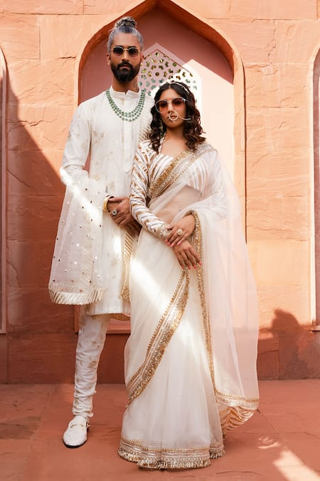 Buy Ranbir Mukherjee Calcutta Ivory Organza Gota Patti, Lace Sweetheart Jhallar Embroidered Saree With Blouse Online at Aza Fashions Buy_Ranbir Mukherjee Calcutta_Ivory Organza Gota Patti, Lace Sweetheart Jhallar Embroidered Saree With Blouse _Online_at_Aza_Fashions