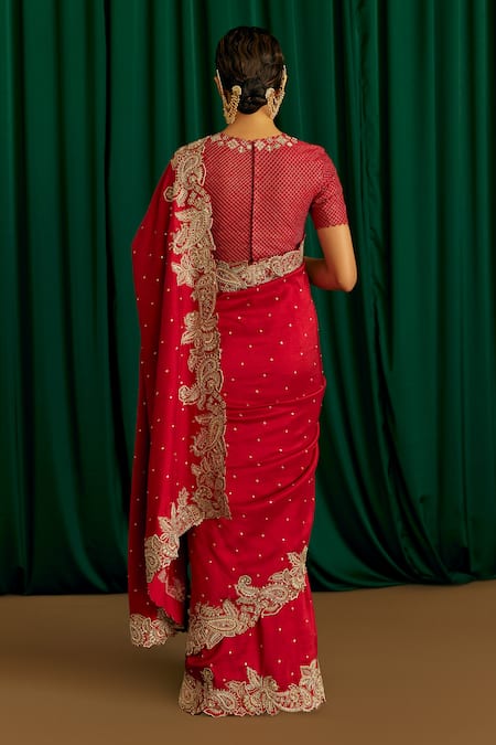 Shop_Mrunalini Rao_Red Silk Pearls, Sequins Collared Tara Hand Embroidered Saree With Blouse _at_Aza_Fashions