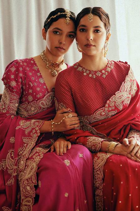 Mrunalini Rao_Red Silk Pearls, Sequins Collared Tara Hand Embroidered Saree With Blouse _Online_at_Aza_Fashions