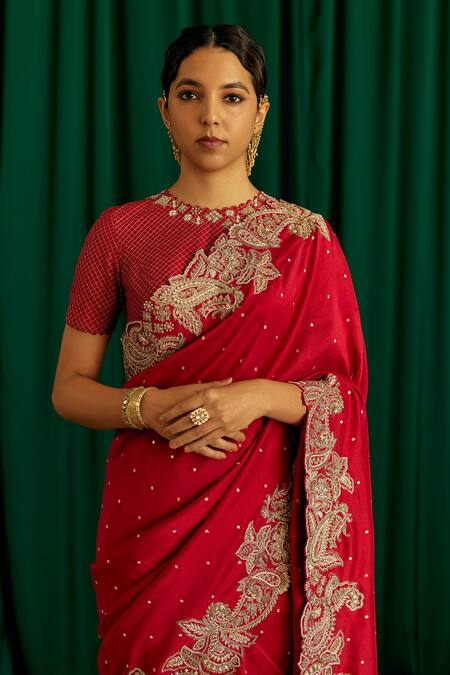 Shop_Mrunalini Rao_Red Silk Pearls, Sequins Collared Tara Hand Embroidered Saree With Blouse _Online_at_Aza_Fashions