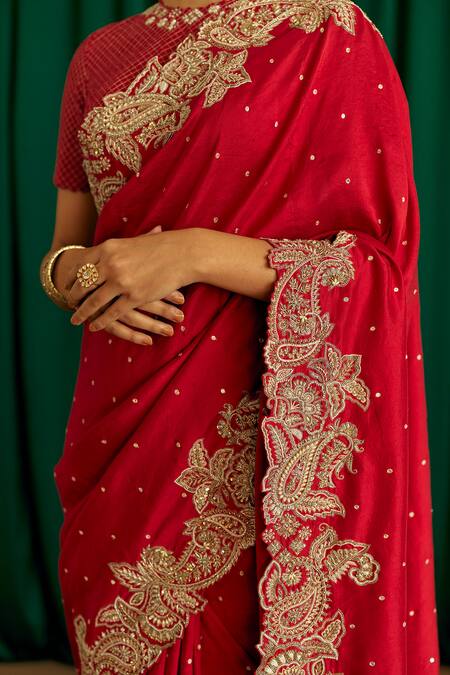 Mrunalini Rao_Red Silk Pearls, Sequins Collared Tara Hand Embroidered Saree With Blouse _at_Aza_Fashions