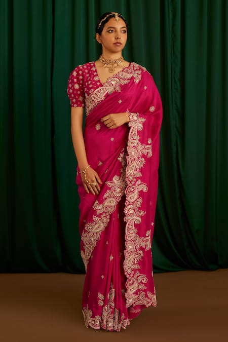 Mrunalini Rao Pink Saree Pure Silk Embroidered Resham V Neck Tarini Hand With Blouse 