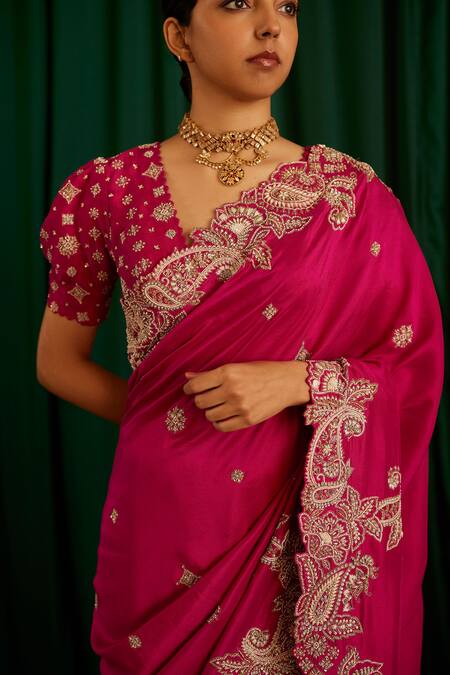 Shop Mrunalini Rao Pink , Satin Pearls, Zari, Embroidery Tarini Hand Saree With Blouse Online at Aza Fashions Shop_Mrunalini Rao_Pink , Satin Pearls, Zari, Embroidery Tarini Hand Saree With Blouse _Online_at_Aza_Fashions