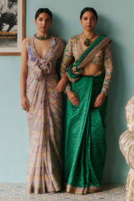 Mrunalini Rao Purple Silk, Georgette Pearls, Zari V-neck Paisley Printed Saree With Blouse Online at Aza Fashions Mrunalini Rao_Purple Silk, Georgette Pearls, Zari V-neck Paisley Printed Saree With Blouse _Online_at_Aza_Fashions