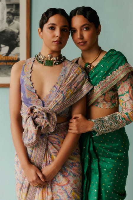 Shop Mrunalini Rao Green Silk Zari, Pearls, Sequins Chaya Floral Embroidered Saree With Blouse at Aza Fashions Shop_Mrunalini Rao_Green Silk Zari, Pearls, Sequins Chaya Floral Embroidered Saree With Blouse _at_Aza_Fashions