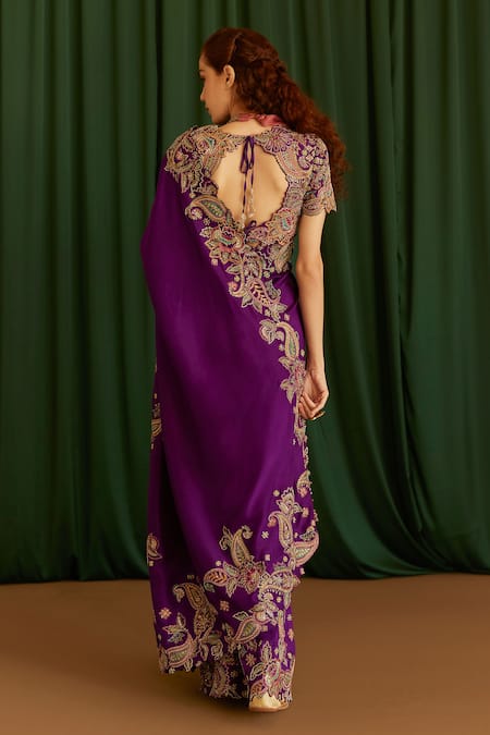 Mrunalini Rao Purple Silk Zari, Pearls, Embroidery Scoop Jyeshtha Paisley Saree With Blouse Online at Aza Fashions Mrunalini Rao_Purple Silk Zari, Pearls, Embroidery Scoop Jyeshtha Paisley Saree With Blouse _Online_at_Aza_Fashions