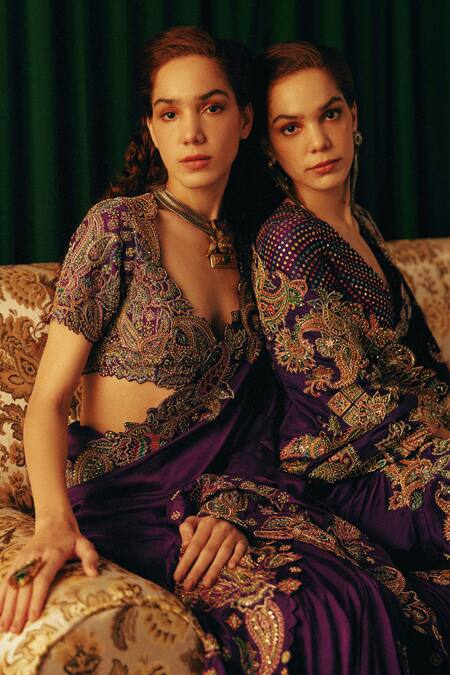 Shop_Mrunalini Rao_Purple Silk Zari, Pearls, Embroidery Scoop Jyeshtha Paisley Saree With Blouse _Online_at_Aza_Fashions