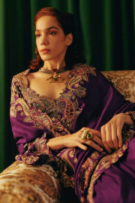 Mrunalini Rao_Purple Silk Zari, Pearls, Embroidery Scoop Jyeshtha Paisley Saree With Blouse _at_Aza_Fashions