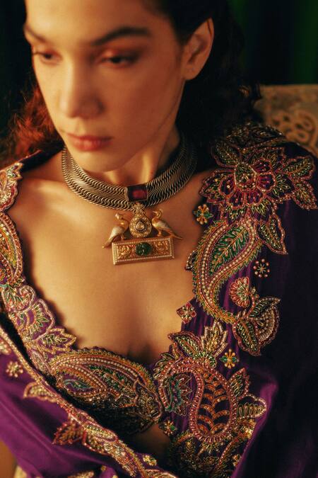 Buy_Mrunalini Rao_Purple Silk Zari, Pearls, Embroidery Scoop Jyeshtha Paisley Saree With Blouse 