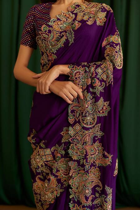 Buy_Mrunalini Rao_Purple Silk Embroidery, Sequins, Pearls Scoop Neck Kanishtha Saree With Blouse _Online_at_Aza_Fashions