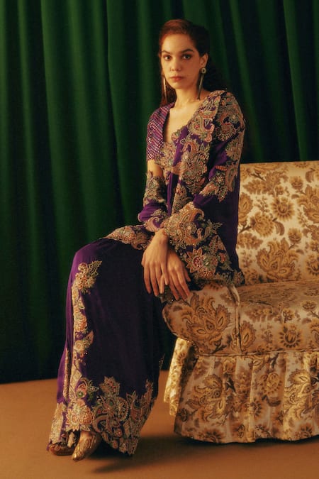 Shop_Mrunalini Rao_Purple Silk Embroidery, Sequins, Pearls Scoop Neck Kanishtha Saree With Blouse _Online_at_Aza_Fashions