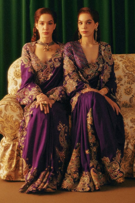 Shop_Mrunalini Rao_Purple Silk Embroidery, Sequins, Pearls Scoop Neck Kanishtha Saree With Blouse 