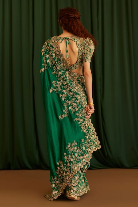 Shop_Mrunalini Rao_Green Kota Doria, Silk Zari, Pearls, Indra Scallop Hem Saree With Blouse _at_Aza_Fashions