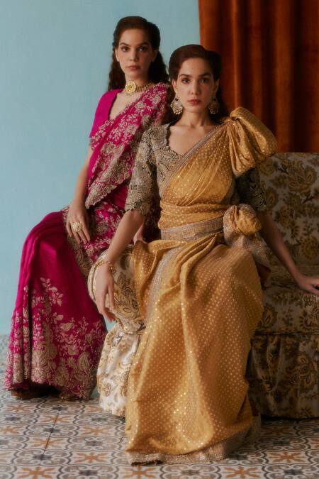 Mrunalini Rao Pink Silk Embroidery V-neck Kala Paisley Saree With Blouse Online at Aza Fashions Mrunalini Rao_Pink Silk Embroidery V-neck Kala Paisley Saree With Blouse _Online_at_Aza_Fashions