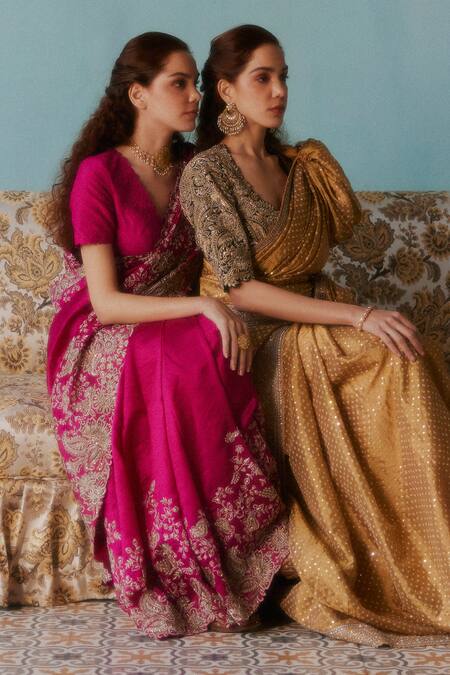 Buy Mrunalini Rao Pink Silk Embroidery V-neck Kala Paisley Saree With Blouse Online at Aza Fashions Buy_Mrunalini Rao_Pink Silk Embroidery V-neck Kala Paisley Saree With Blouse _Online_at_Aza_Fashions