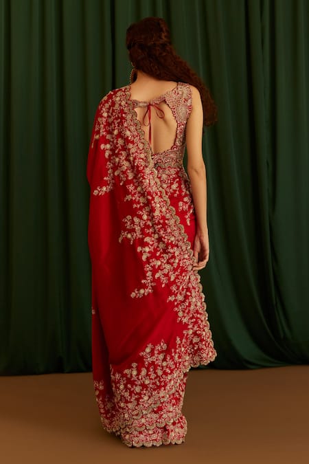 Mrunalini Rao Red Silk Zari, Embroidery V-neck Paisley Saree And Blouse Online at Aza Fashions Mrunalini Rao_Red Silk Zari, Embroidery V-neck Paisley Saree And Blouse _Online_at_Aza_Fashions