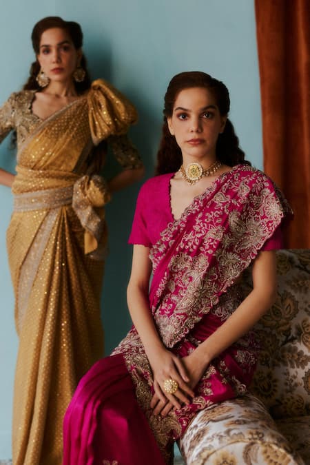 Mrunalini Rao Gold Kota Doria, Silk Zari, Pearls, Embroidery Yami Hand Woven Saree With Blouse Online at Aza Fashions Mrunalini Rao_Gold Kota Doria, Silk Zari, Pearls, Embroidery Yami Hand Woven Saree With Blouse _Online_at_Aza_Fashions
