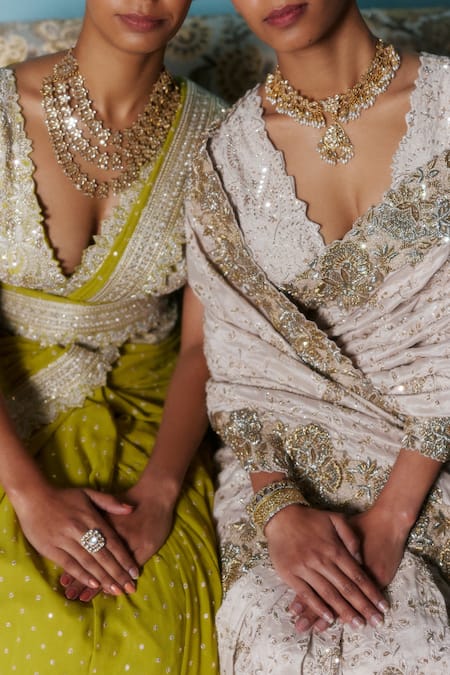 Buy Mrunalini Rao Green Georgette, Silk Zari, Sequins, Embroidery, Pearls Gauri Saree With Blouse Online at Aza Fashions Buy_Mrunalini Rao_Green Georgette, Silk Zari, Sequins, Embroidery, Pearls Gauri Saree With Blouse _Online_at_Aza_Fashions