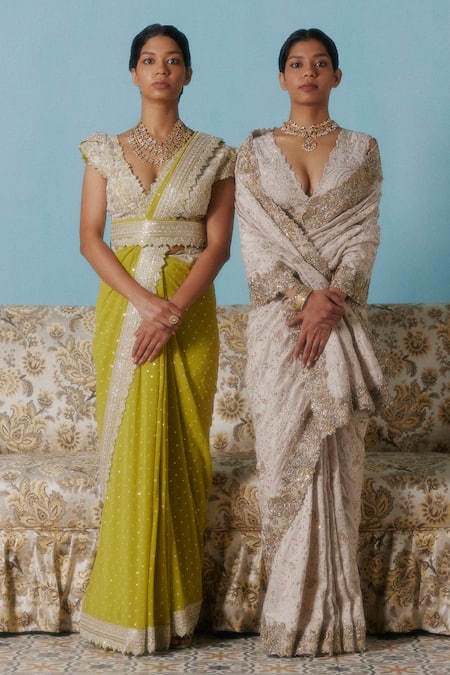 Mrunalini Rao_Ivory Silk Pearls, Zari V-neck Ganga Embroidered Saree With Blouse _Online_at_Aza_Fashions