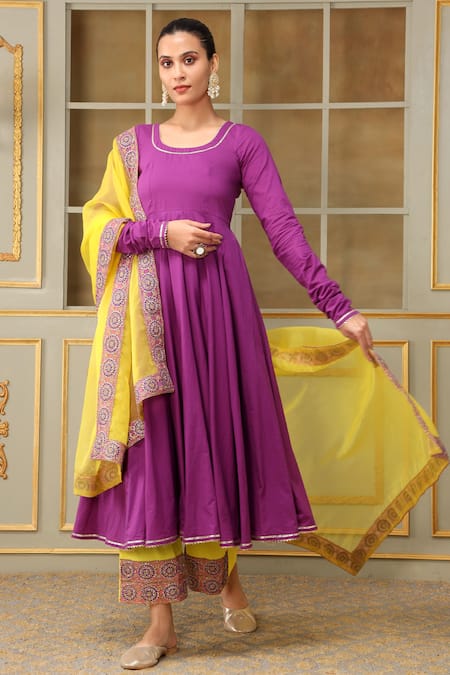 Pomcha Jaipur Purple Cotton, Organza Gota Patti, Lace Saadgi Bagni Embellished Anarkali Set 
