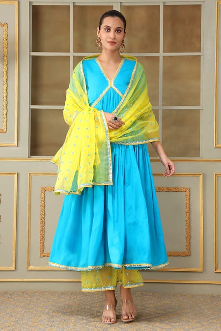 Pomcha Jaipur Blue Cotton, Organza Gota Patti, Mirrors, Embroidery Saadgi Work Anarkali Set 