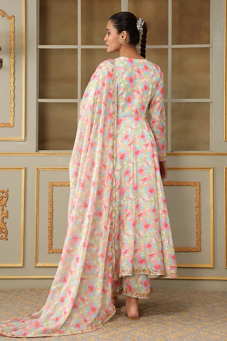 Shop_Pomcha Jaipur_Pink Muslin, Chiffon Lace, Embroidery Saadgi Gulistan Embellished Anarkali Set _at_Aza_Fashions