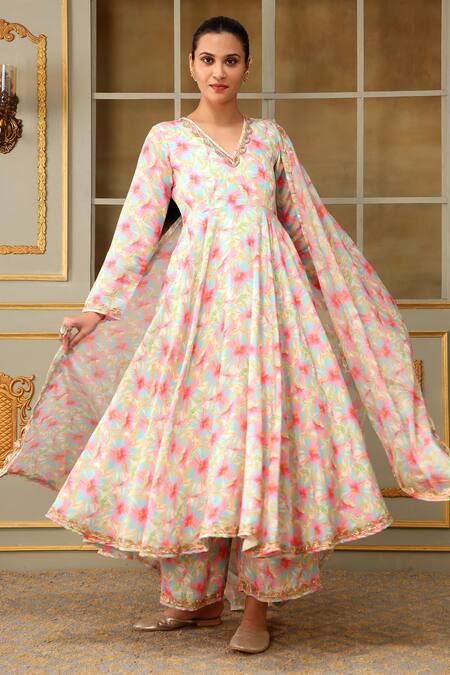 Shop_Pomcha Jaipur_Pink Muslin, Chiffon Lace, Embroidery Saadgi Gulistan Embellished Anarkali Set _Online_at_Aza_Fashions