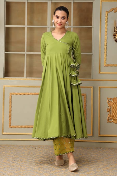 Pomcha Jaipur_Green Cotton, Organza Gota Patti, Mirrors, Saadgi Work Angrakha Anarkali Set _Online_at_Aza_Fashions