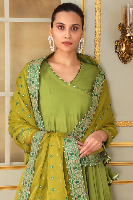 Buy_Pomcha Jaipur_Green Cotton, Organza Gota Patti, Mirrors, Saadgi Work Angrakha Anarkali Set _Online_at_Aza_Fashions