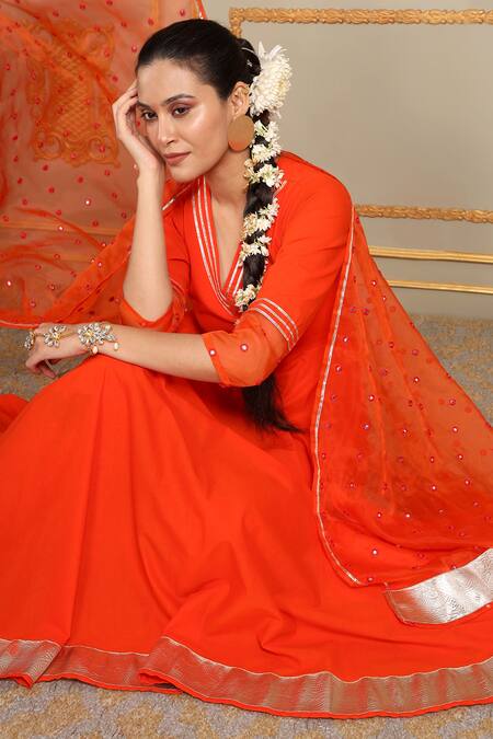 Buy Pomcha Jaipur Orange Cotton, Organza Gota Patti, Mirrors V-neck Saadgi Work Anarkali Set Online at Aza Fashions Buy_Pomcha Jaipur_Orange Cotton, Organza Gota Patti, Mirrors V-neck Saadgi Work Anarkali Set _Online_at_Aza_Fashions
