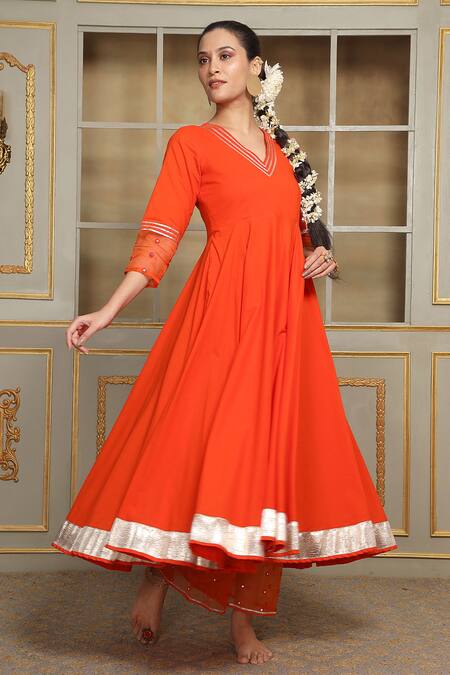 Shop Pomcha Jaipur Orange Cotton, Organza Gota Patti, Mirrors V-neck Saadgi Work Anarkali Set Online at Aza Fashions Shop_Pomcha Jaipur_Orange Cotton, Organza Gota Patti, Mirrors V-neck Saadgi Work Anarkali Set _Online_at_Aza_Fashions