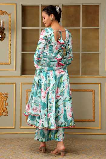 Shop Pomcha Jaipur Blue Muslin, Chiffon Gota Patti, Saadgi Palm Leaf Pattern Anarkali Set at Aza Fashions Shop_Pomcha Jaipur_Blue Muslin, Chiffon Gota Patti, Saadgi Palm Leaf Pattern Anarkali Set _at_Aza_Fashions