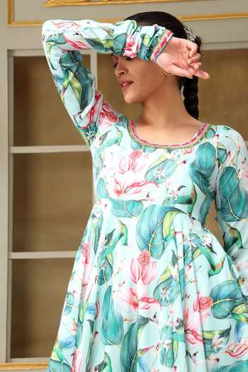 Pomcha Jaipur Blue Muslin, Chiffon Gota Patti, Saadgi Palm Leaf Pattern Anarkali Set Online at Aza Fashions Pomcha Jaipur_Blue Muslin, Chiffon Gota Patti, Saadgi Palm Leaf Pattern Anarkali Set _Online_at_Aza_Fashions