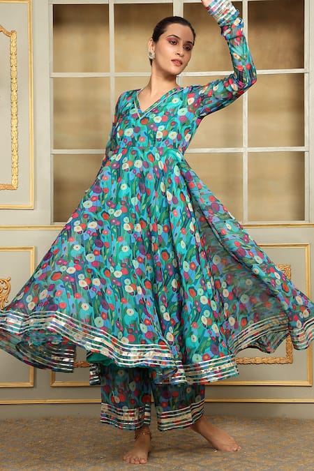 Shop Pomcha Jaipur Blue Organza, Cotton Gota Patti, Embroidery Saadgi Phulwari Pattern Anarkali Set at Aza Fashions Shop_Pomcha Jaipur_Blue Organza, Cotton Gota Patti, Embroidery Saadgi Phulwari Pattern Anarkali Set _at_Aza_Fashions