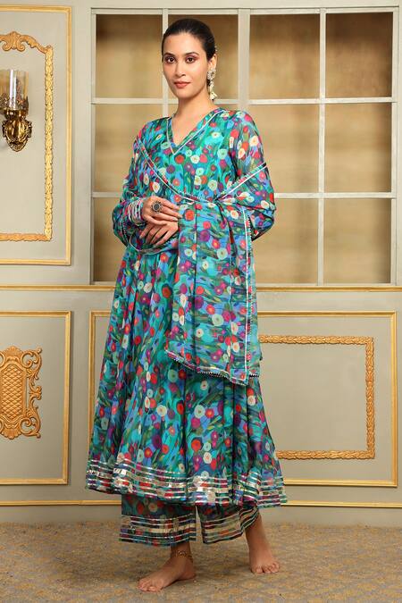 Pomcha Jaipur Blue Organza, Cotton Gota Patti, Embroidery Saadgi Phulwari Pattern Anarkali Set Online at Aza Fashions Pomcha Jaipur_Blue Organza, Cotton Gota Patti, Embroidery Saadgi Phulwari Pattern Anarkali Set _Online_at_Aza_Fashions