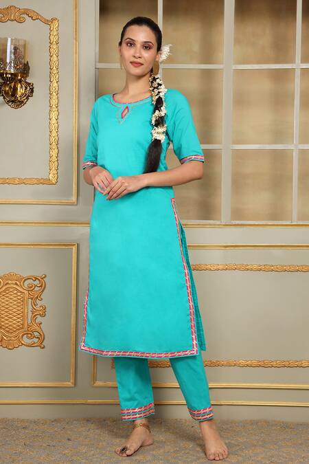 Buy_Pomcha Jaipur_Blue Cotton Gota Patti Round Neck Saadgi Phulwari Work Straight Kurta Set _Online_at_Aza_Fashions