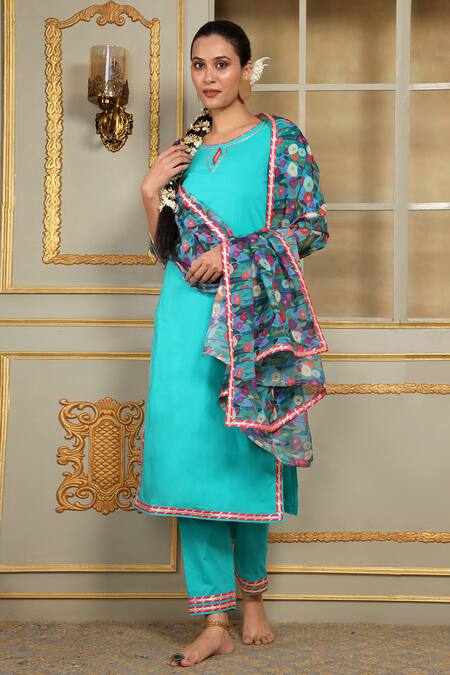 Shop_Pomcha Jaipur_Blue Cotton Gota Patti Round Neck Saadgi Phulwari Work Straight Kurta Set _Online_at_Aza_Fashions