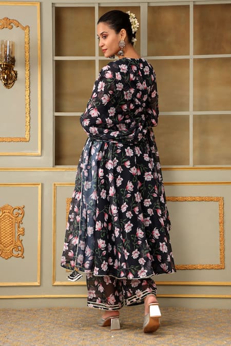 Shop Pomcha Jaipur Black Organza, Cotton Gota Patti, Embroidery Saadgi Lotus Pattern Anarkali Set at Aza Fashions Shop_Pomcha Jaipur_Black Organza, Cotton Gota Patti, Embroidery Saadgi Lotus Pattern Anarkali Set _at_Aza_Fashions