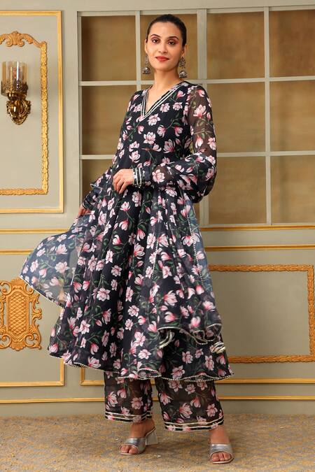 Pomcha Jaipur Black Organza, Cotton Gota Patti, Embroidery Saadgi Lotus Pattern Anarkali Set Online at Aza Fashions Pomcha Jaipur_Black Organza, Cotton Gota Patti, Embroidery Saadgi Lotus Pattern Anarkali Set _Online_at_Aza_Fashions