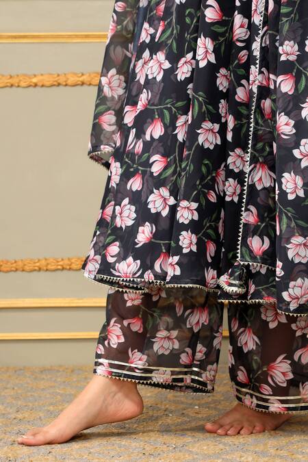 Shop Pomcha Jaipur Black Organza, Cotton Gota Patti, Embroidery Saadgi Lotus Pattern Anarkali Set Online at Aza Fashions Shop_Pomcha Jaipur_Black Organza, Cotton Gota Patti, Embroidery Saadgi Lotus Pattern Anarkali Set _Online_at_Aza_Fashions