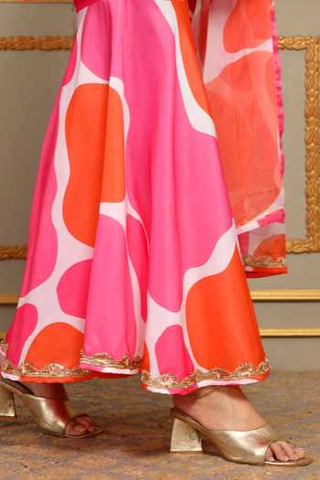 Buy_Pomcha Jaipur_Pink Chiffon Lace V-neck Saadgi Rangeen Abstract Pattern Anarkali Sharara Set _Online_at_Aza_Fashions
