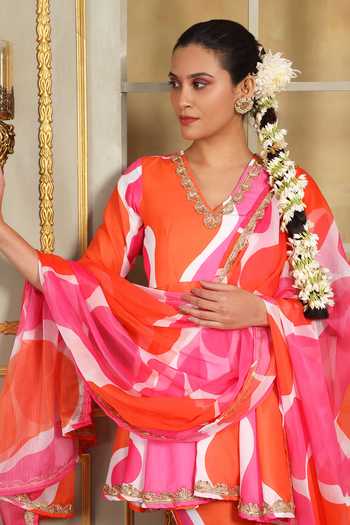 Pomcha Jaipur_Pink Chiffon Lace V-neck Saadgi Rangeen Abstract Pattern Anarkali Sharara Set _at_Aza_Fashions