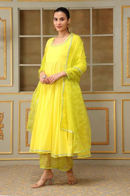 Shop Pomcha Jaipur Yellow Cotton, Organza Gota Patti, Mirrors Scoop Saadgi Work Anarkali Pant Set Online at Aza Fashions Shop_Pomcha Jaipur_Yellow Cotton, Organza Gota Patti, Mirrors Scoop Saadgi Work Anarkali Pant Set _Online_at_Aza_Fashions